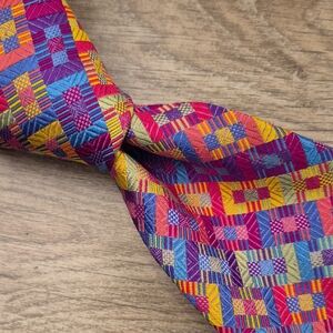 PAUL STUART Geometric Woven Metallic Multicolor Pattern USA Hand Made Silk Tie